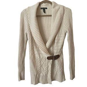 Lauren Ralph Lauren Cream Shawl Collar Leather Strap Buckle Wrap Sweater cotton